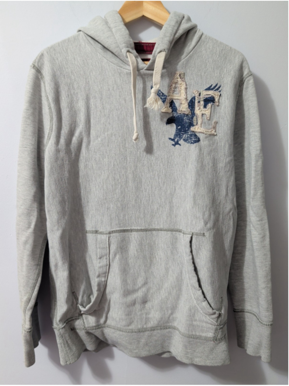 American Eagle Hoodie Fleece Medium Grey Pullover Logo Distressed Mens Y2K Heavy